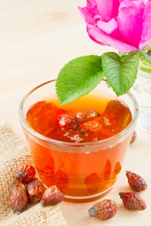 rose hips tea and rose-hip flowersの写真素材