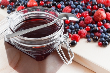 jelly from summer berries  redcurrant, blueberries, raspberries, black currant, strawberriesの写真素材