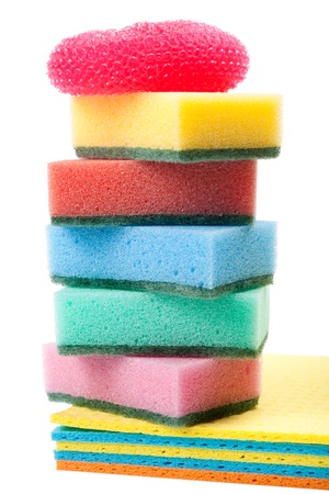 pile of dish washing sponge, dishcloth, scrub pad for kitchen and home workの写真素材