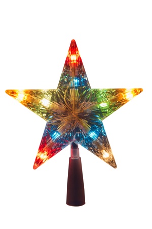 illuminated Golden Christmas star, topper to be placed in the top of the tree, isolated on whiteの写真素材