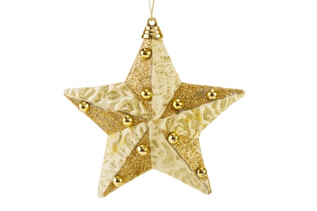golden Christmas star decoration for hanging on tree, isolated on whiteの写真素材