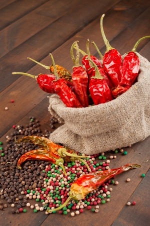 red chili peppers  in a canvas sack on wooden tableの写真素材