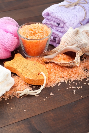 Body care accessories  towels, sea salt, soap,pumice stoneの写真素材