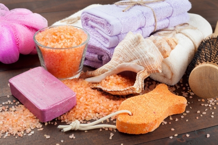 Body care accessories  towels, sea salt, soap,pumice stoneの写真素材