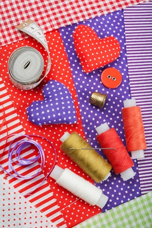 handicraft hearts, textile fabric materials and items for sewingの写真素材