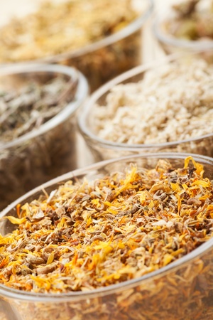 healing herbs in glass cups, herbal medicineの写真素材