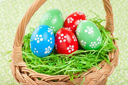 easter eggs in basketの写真素材