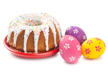 easter cake and colorful eggs on whiteの写真素材