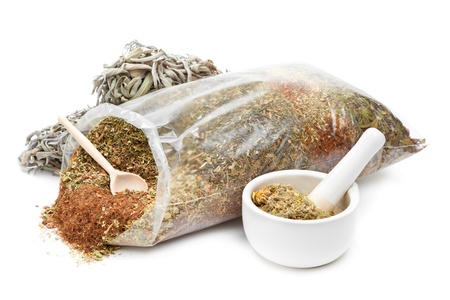 bag of healing herbs, mortar and pestle, herbal medicineの写真素材