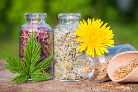 glass bottles with healing herbs on wooden board in sunset sunlight, herbal medicine の写真素材