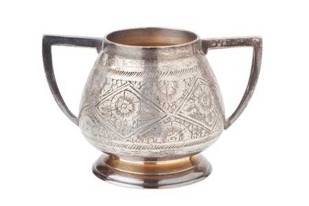 retro silver sugar bowl, isolated on whiteの写真素材