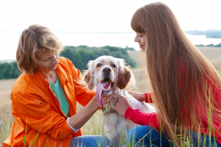 mother and her daughter with dog (Irish setter) outdoorsの写真素材