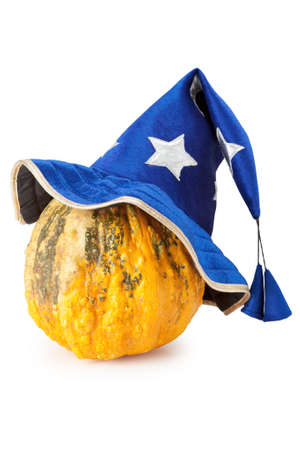 halloween pumpkin with blue witch hatの写真素材