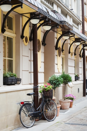 Old bicycle carrying flowers and tree in flower pot as decoration near the entrance to buildingの写真素材