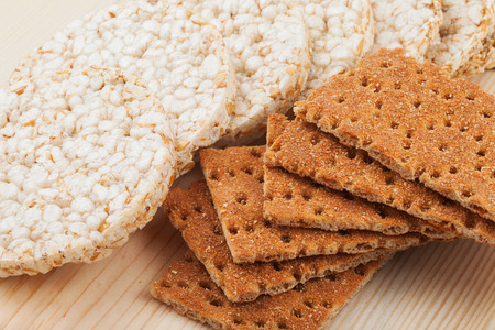 grain Crispbread, different types of cereal crackers on tableの写真素材