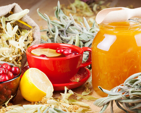 red cranberries, jar with honey, fruit tea cup, healing herbs and lemonの写真素材