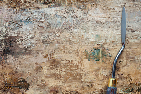 palette knife on linen artist canvas with coating of brown oil paintの写真素材
