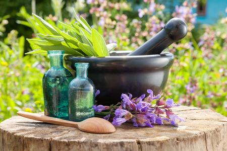 Black mortar with sage herbs, glass bottles of essential oil outdoors. Herbal medicine.の写真素材