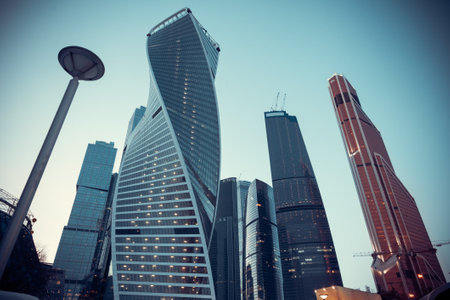 Vintage stylized photo of skyscrapers in Moscow at duskのeditorial素材