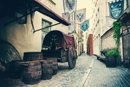 Medieval street in the old city of Riga, Latviaの写真素材