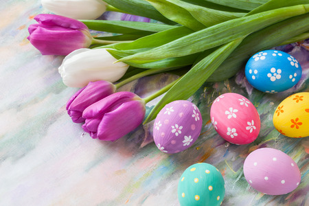 Tulips and colorful eggsの写真素材