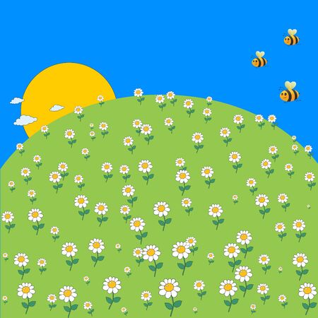 Cute cartoon spring meadow with daisy flowers and flying bee. Spring or summer concept.の写真素材