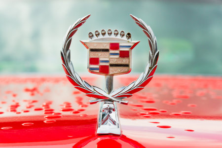 Minsk, Belarus - May-5-2012: Logo of vintage Cadillac motor car close up at exhibition of retro cars in Minsk, Belarus.のeditorial素材
