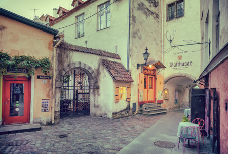Tallinn, Estonia - May 30, 2016: medieval street and restaurant Balthasar in the Historical Centre of Tallinn city. Tallin, Estonia.のeditorial素材