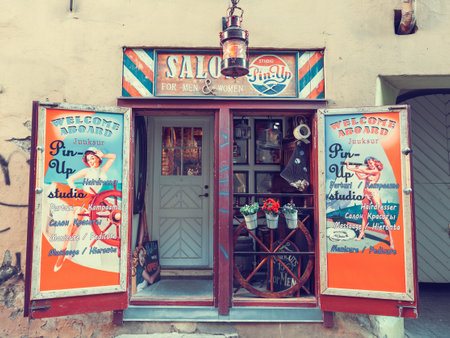 Tallinn, Estonia - May 31 2016: Beauty salon in pin-up style on Vaimu street in the Historical Centre of Tallinn city. Tallin, Estonia.のeditorial素材