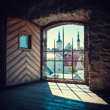 Retro styled View of old Tallinn city from the window of medieval towerのeditorial素材