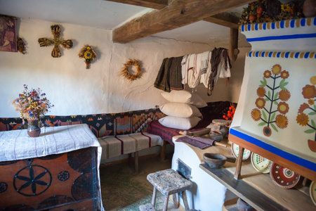 KIEV, UKRAINE - SEPTEMBER 18, 2016: Interior of old ukrainian home in Museum of Ukrainian Folk Architecture and Rural Life Pirogovo, on SEPTEMBER 18, 2016. Kiev, Ukraineのeditorial素材