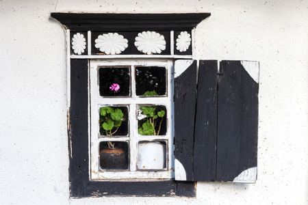Vintage window with Geranium flowersの写真素材