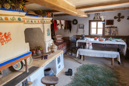KIEV, UKRAINE - SEPTEMBER 18, 2016: Interior of retro ukrainian home in Museum of Ukrainian Folk Architecture and Rural Life Pirogovo, on SEPTEMBER 18, 2016. Kiev, Ukraineのeditorial素材