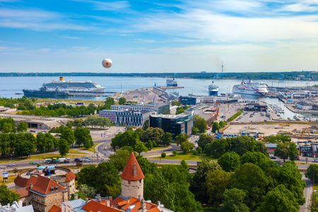 Tallinn, Estonia - June 02, 2016: view from medieval Centre of Tallinn city to the port with modern cruise liner ships. Tallinn, Estonia.のeditorial素材