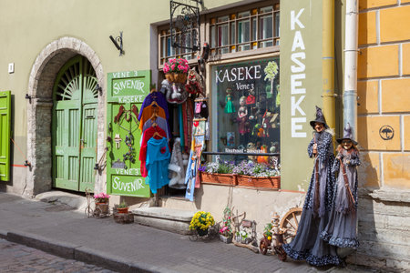 Tallinn, Estonia - June 2, 2016: souvenir shop in Historical Center of Tallinn city. Tallinn, Estonia.のeditorial素材