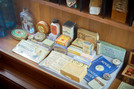 Grodno, Belarus - April 5, 2017: shelf with retro drugs and medicaments in the pharmacy museum of Grodno in the Historical Center of city. Grodno, Belarus.のeditorial素材