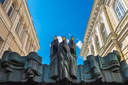 Vilnius, Lithuania - May 12, 2017: Three Muses Graces statues on the Lithuanian National Dramatic Theater on Gediminas Avenue, Vilnius, Lithuania.のeditorial素材