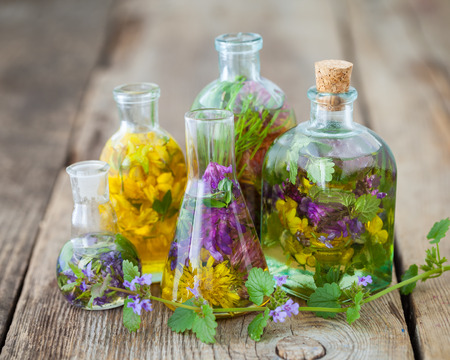 Bottles of tincture or infusion of healthy herbs on table. Herbal medicine.の写真素材