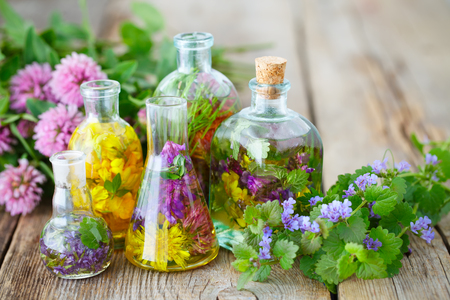 Bottles and vials of tincture or infusion of healing herbs, medicinal herbs on rustic wooden board. Herbal medicine concept.の写真素材