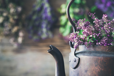 Vintage rustic tea kettle full of thyme flowers for healthy herbal tea. Hanging medicinal plants on background. Herbal medicine.の写真素材