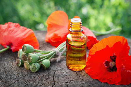 Poppies, poppy flower heads and bottle of infusion. Herbal medicine.の写真素材