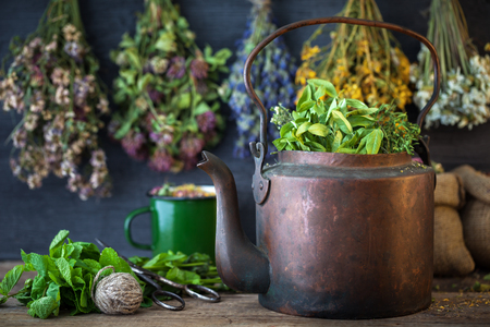 Vintage copper tea kettle, medicinal plants for healthy herbal tea and hanging healing herbs. Herbal medicine.の写真素材