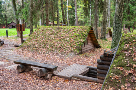 Stankovo villageââ, Belarus - October 08, 2017: vintage wooden dugouts in forest on the territory of military historical complex Partizanen camp in Stankovoââ, Minsk Region, Belarus.のeditorial素材