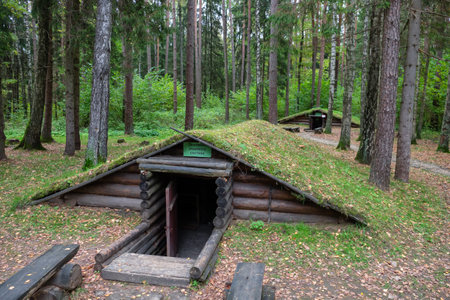 Stankovo villageââ, Belarus - October 08, 2017: Entrance to the dugouton the territory of military historical complex Partizanen camp in Stankovo villageââ, Dzerzhinsky District, Minsk Region, Belarus.のeditorial素材