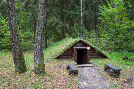 Stankovo villageââ, Dzerzhinsky District, Belarus - October 08, 2017: wooden dugout and benches on territory of military historical complex Partizanen camp in Stankovo villageââ, Minsk Region, Belarus.のeditorial素材