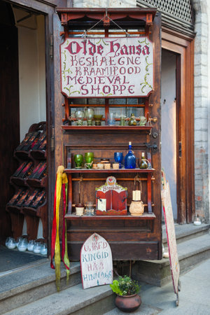 Tallinn, Estonia - May 29, 2016: Medieval shop - Olde Hansa - in the Historical Center of Tallinn city. Tallinn, Estonia.のeditorial素材