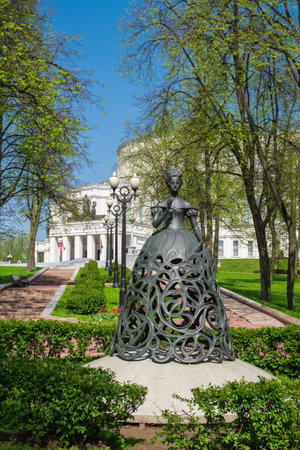 Minsk, Belarus - May 1, 2018: Sculpture of Muse of the opera near National Opera and Ballet Theatre at spring, Minsk, Belarus.のeditorial素材