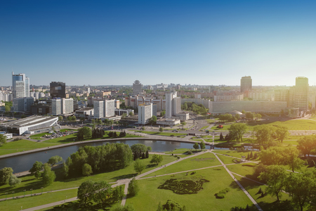 Aerial view on a city center of Minsk city and Svisloch River, Minsk, Belarus.の写真素材