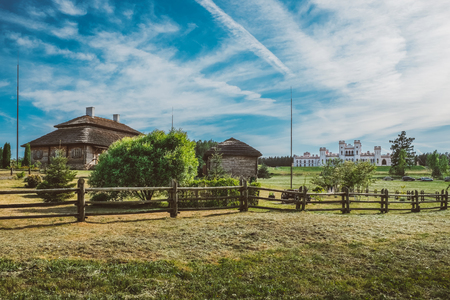 Houses on beautiful landscape - village of birthplace of Tadeusz Kosciuszko - Kossovo, Brest region, Belarus.の写真素材