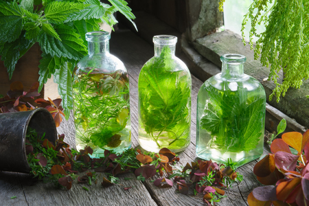 Bottles and vials of tincture or infusion of healing herbs, nettle and medicinal herbs on wooden table in a retro village house. Herbal medicineの写真素材